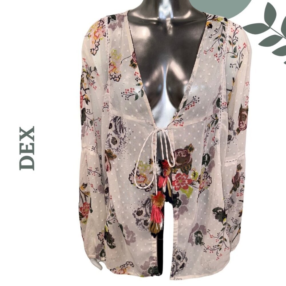 DEX Sheer Floral Open | Tie Front Tassel Top | Boho Romantic Vibes | Cream | 2X